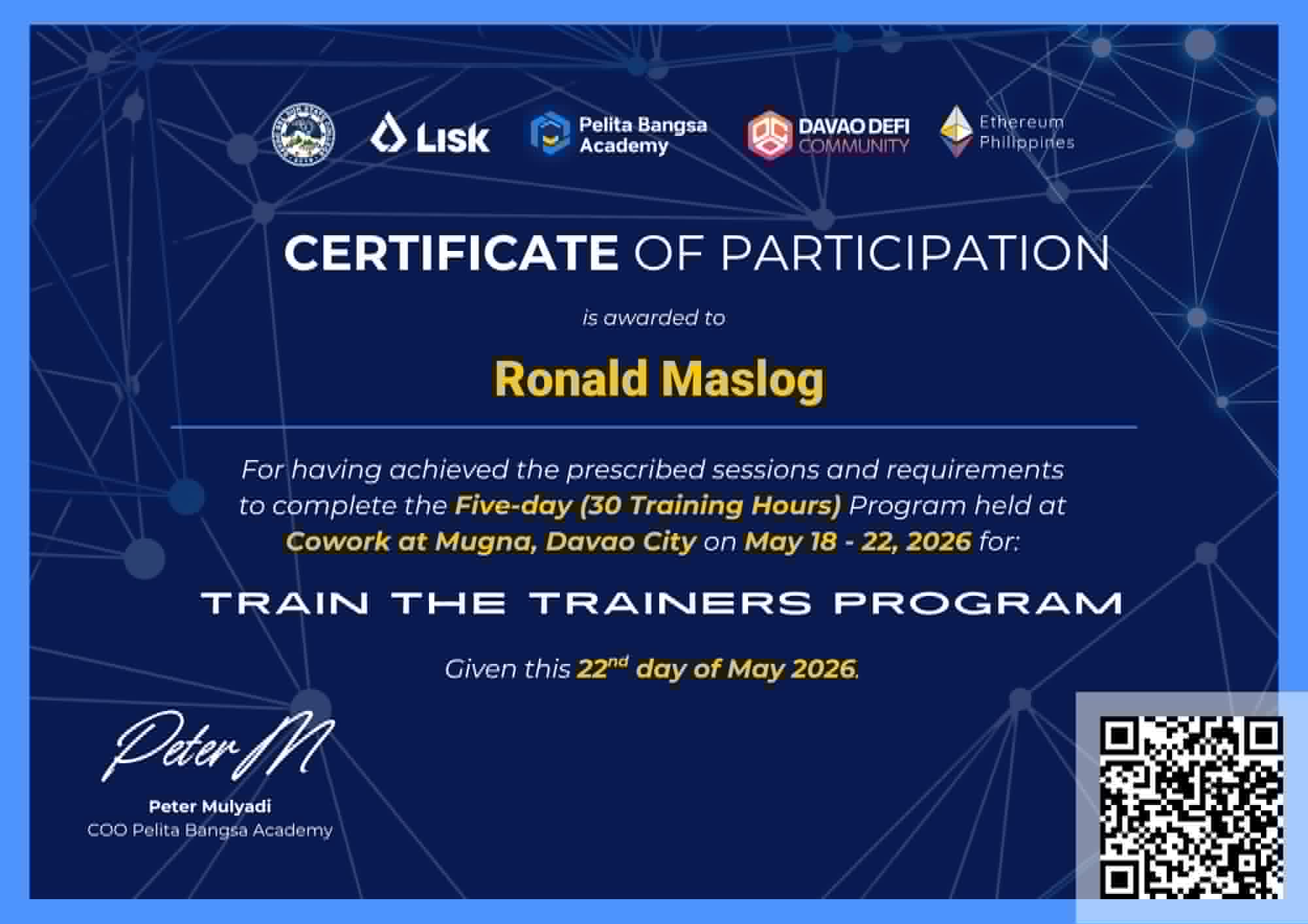 Train the Trainers Program - Certificate of Participation credential