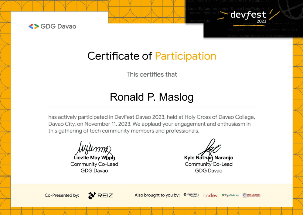 DevFest Davao 2023 Certificate of Participation  credential