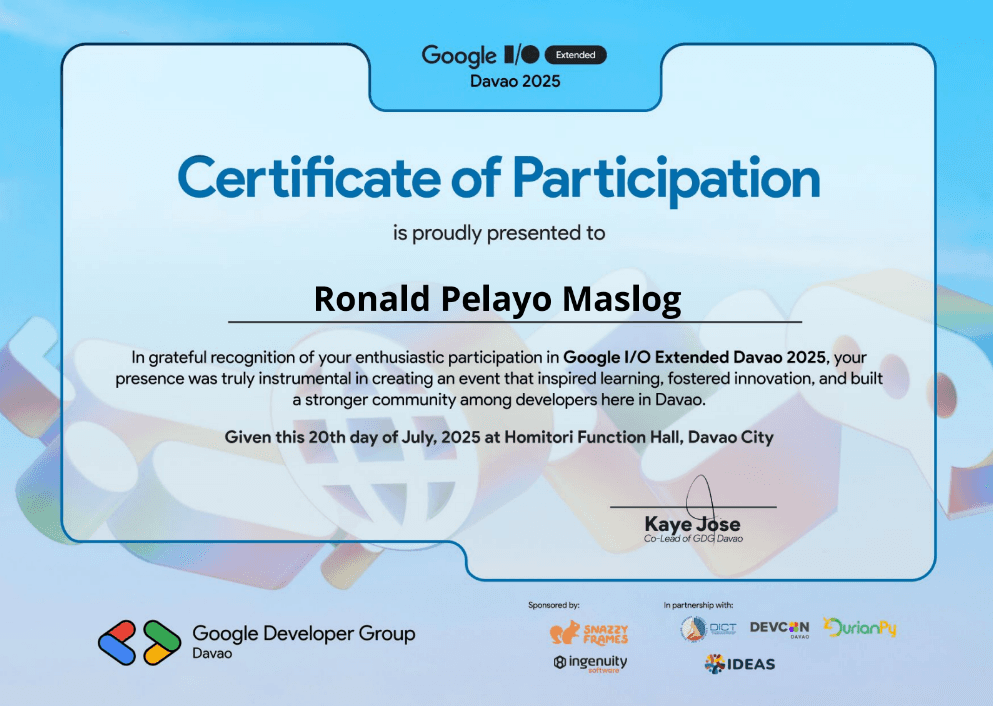 Certificate of Participation: Google I/O Extended Davao 2025 credential