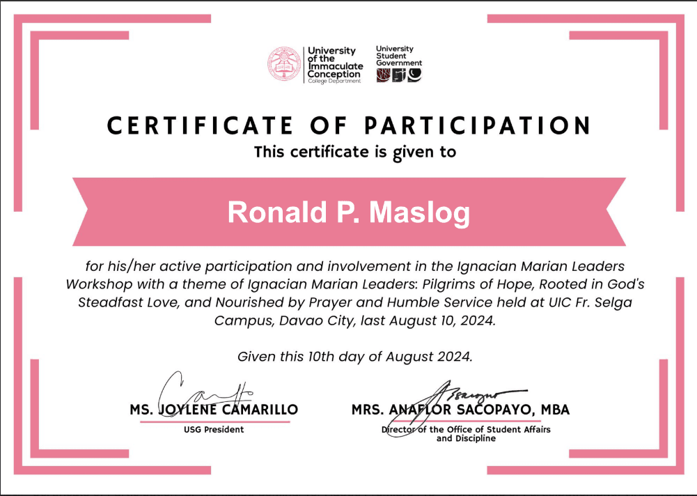 E-Certificate for Ignacian Marian Leaders Workshop 2024 credential