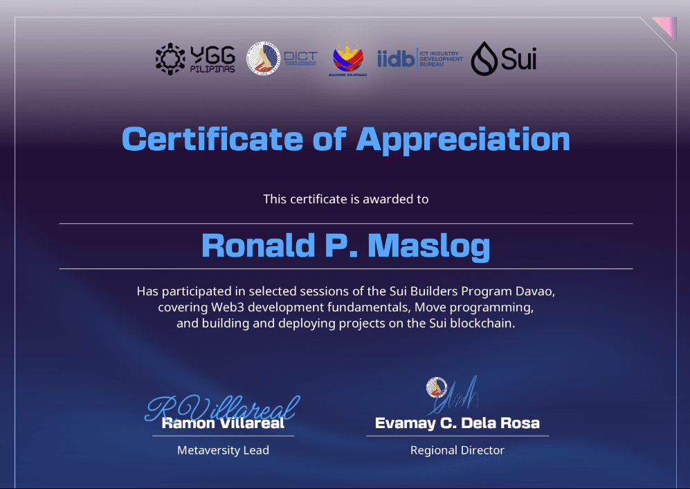 Certificate of Appreciation: Sui Builders Program Davao credential