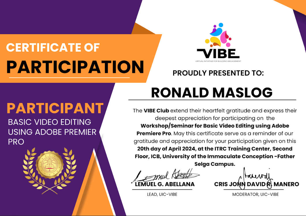 Certificate of Participation for Workshop Seminar for Adobe Premiere Pro credential